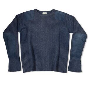 LL Bean Commando Sweater XL Blue Shoulder Elbow Patches Merino Wool Knit